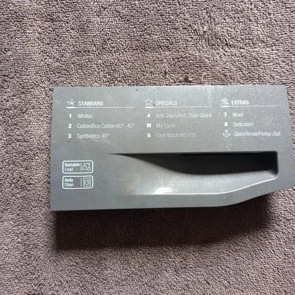 BUY GENUINE SPARE PARTS FOR HOTPOINT WMAOD 844G UK FRONT SOAP DRAWER HANDLE IN GRAPHITE GREY,250007049. buy genuine all